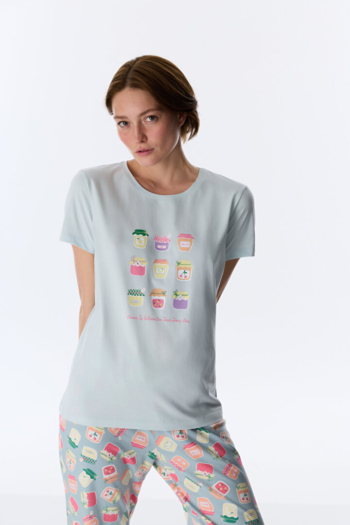 Light Blue Sweet Breakfast Pants Pajama Set - 2