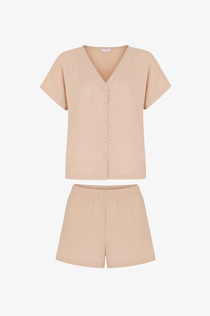 Pastel Bej Ella Muslin Kısa Kollu Şort Pijama Takımı - 1