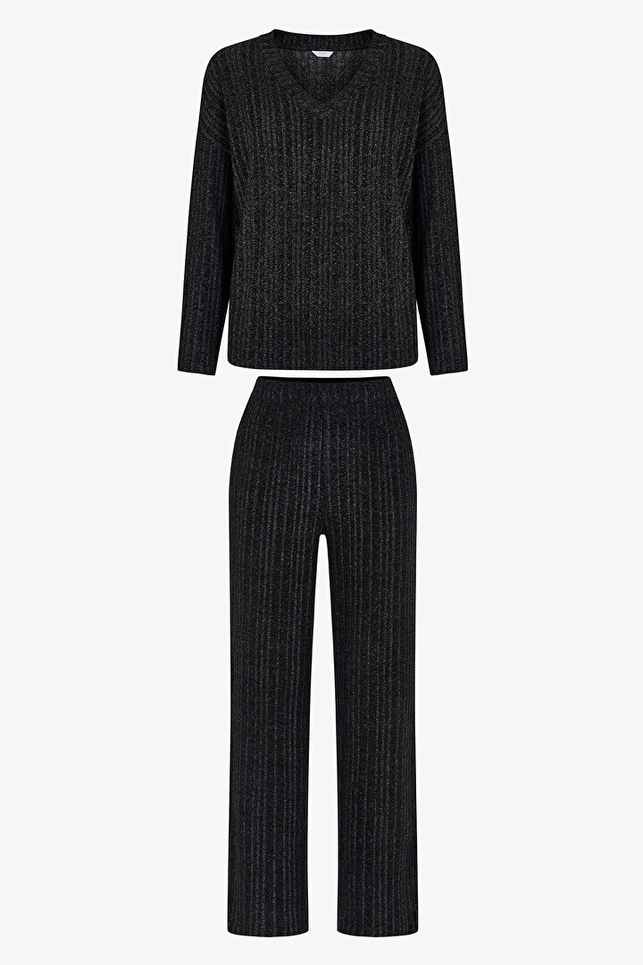 Black Cozy Night Long Sleeve Pyjama Set with Trousers - 1