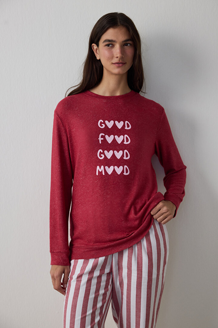 Claret Red Good Mood Slogan Printed Crew Neck Sweatshirt Pajama Top - 1