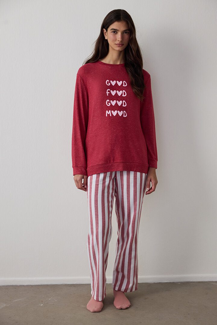 Claret Red Good Mood Slogan Printed Crew Neck Sweatshirt Pajama Top - 2