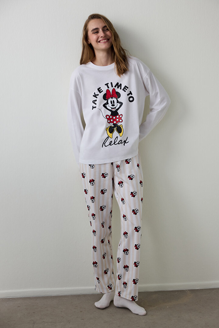 Optik Beyaz Mickey Mouse Baskılı Uzun Kollu Pijama Takımı - 1