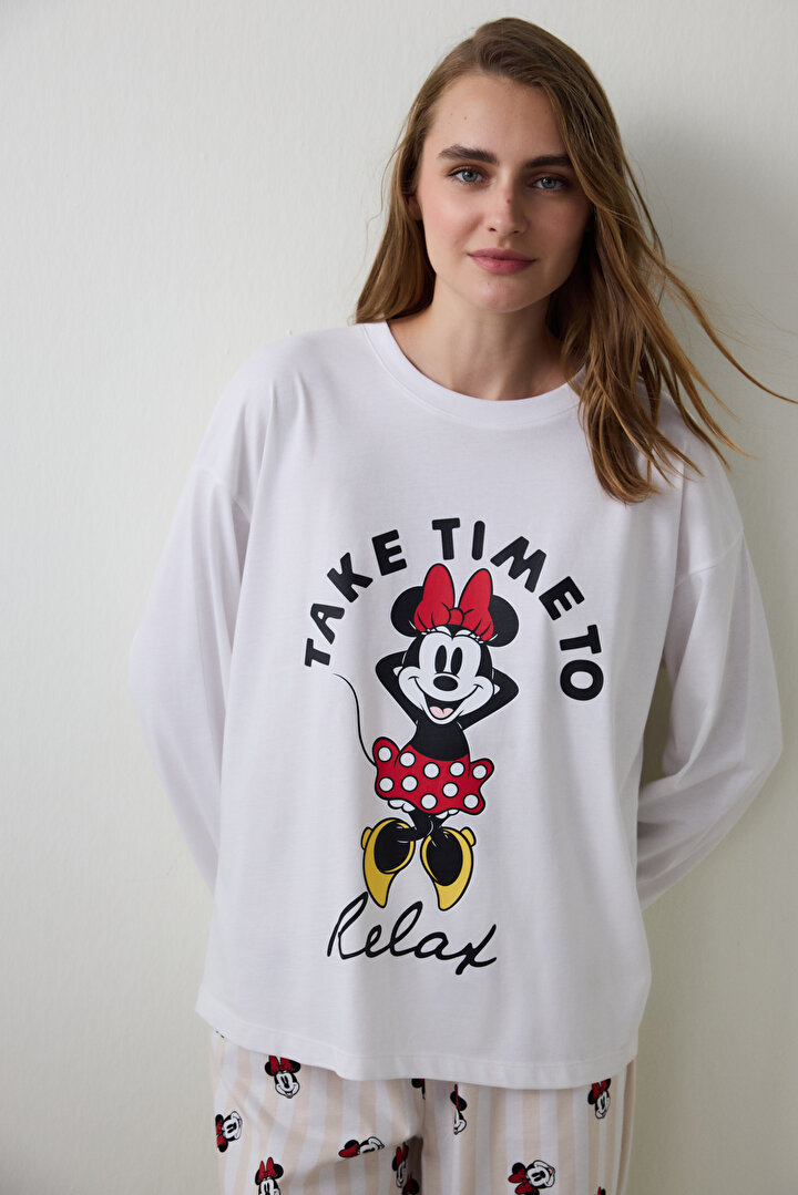 Optik Beyaz Mickey Mouse Baskılı Uzun Kollu Pijama Takımı - 2