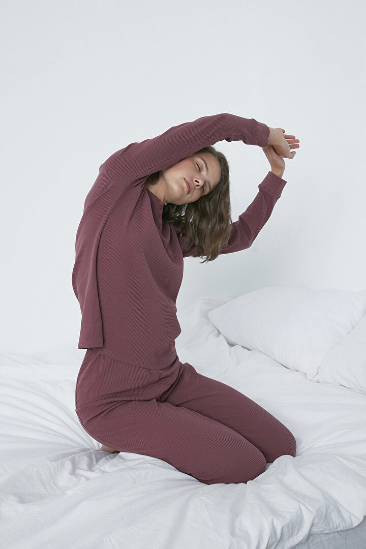 Relax Burgundy Details Rib Pijama Takım - 1