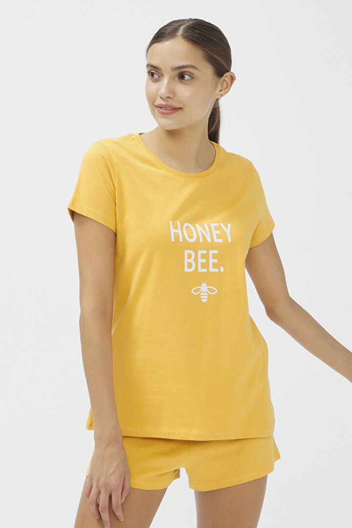 Sarı Honey Bee SS Şortlu Pijama Takımı - 2