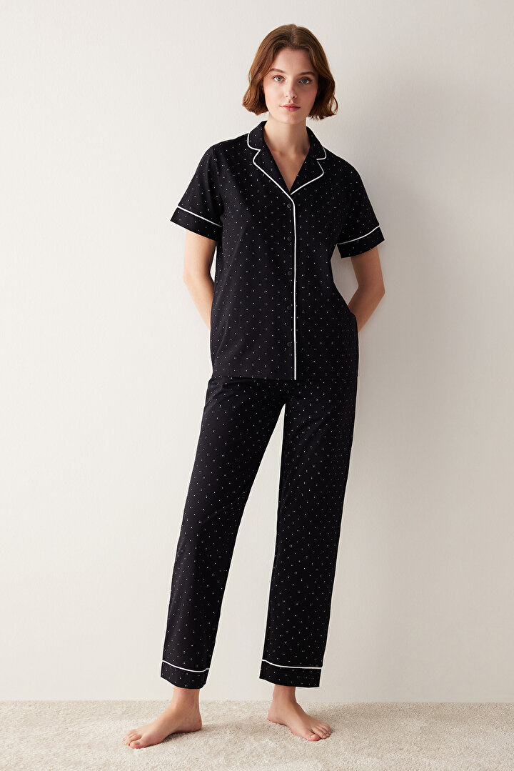 White Dotted Shirt Pant Black PJ Set - 1