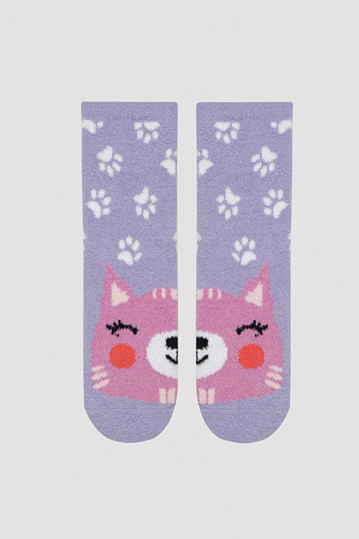Girls Smiling Cat Lilac Socket Socks - 1