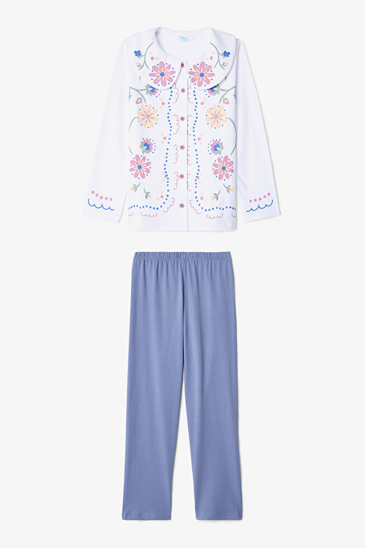 Kız Çocuk Çiçekli Nakışlı Handkerchief Pamuklu Pijama Takımı - 1