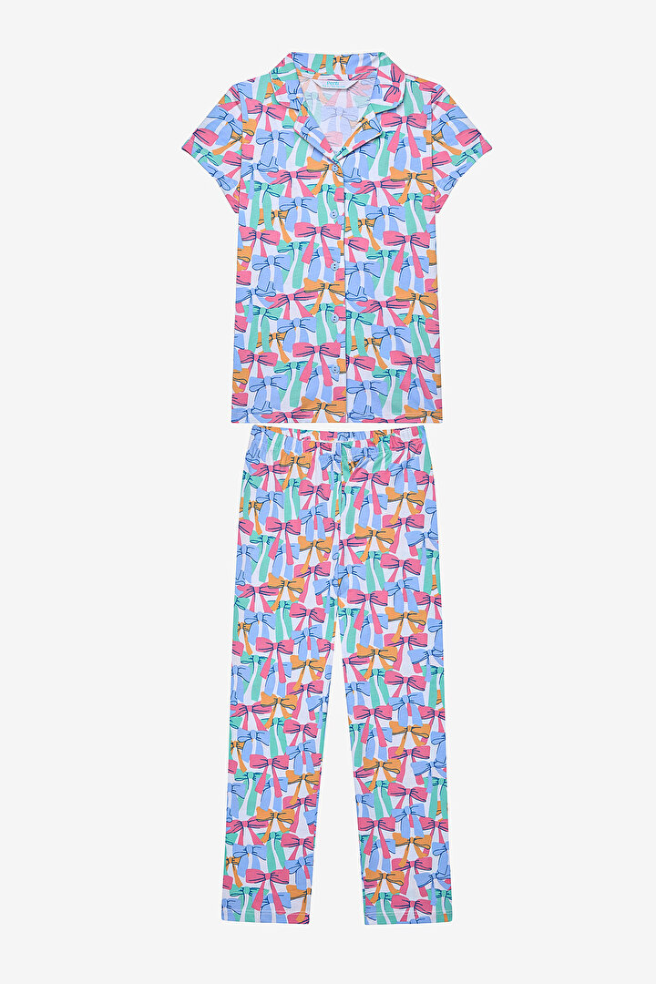 Kız Çocuk Colorful Bows Gömlek Kırık Beyaz Pijama Takımı - 1