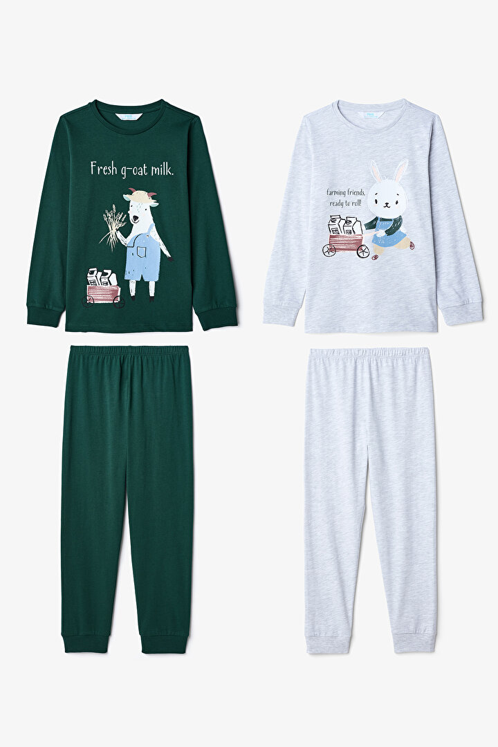 Ekru Erkek Çocuk Tavşan Desenli Uzun Kollu 2'li Pijama Takımı - 1