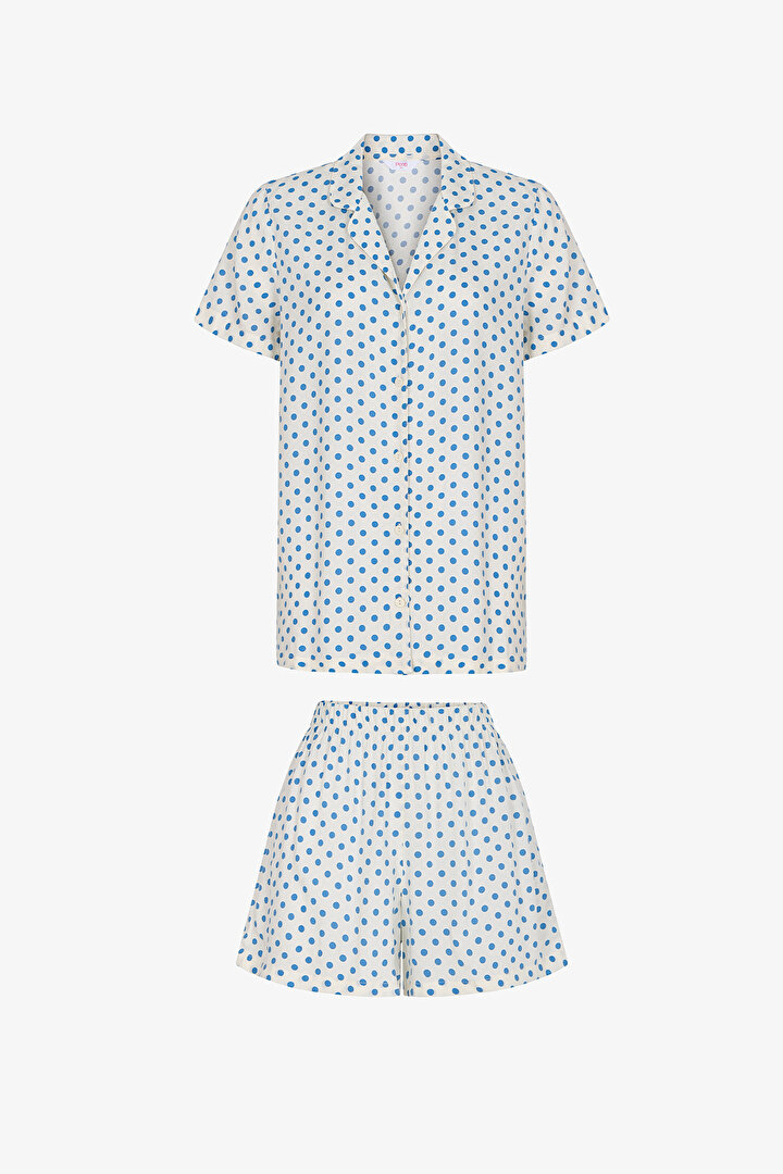 Ekru Blue Dots Gömlek Şort Pijama Takımı - 1