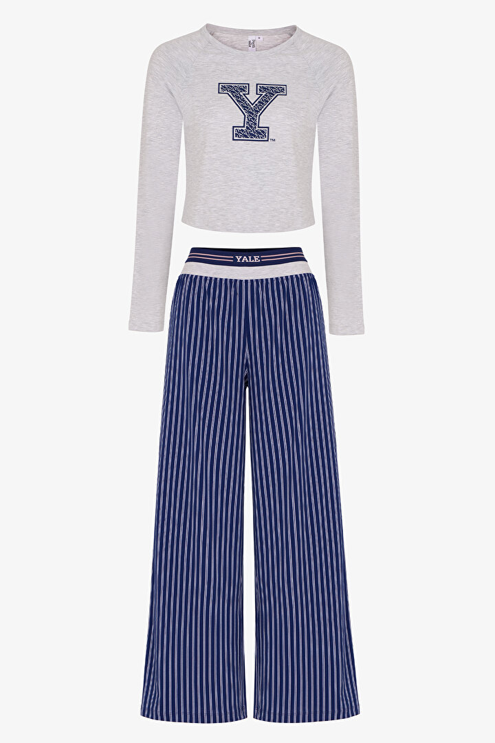 Lacivert Yale Graffiti Desenli Uzun Kollu Pantolon Pijama Takımı - 1