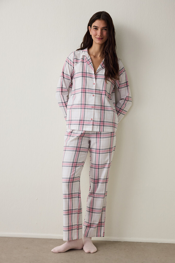 Pembe Ekoseli Gömlek Yaka Uzun Kollu Pijama Takımı - 1
