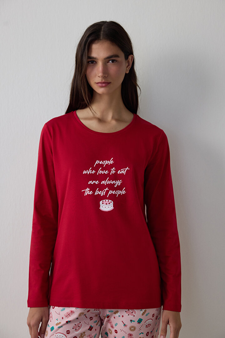 Red Joyous Time New Year's Themed Crew Neck Long Sleeve Pajama Set - 2