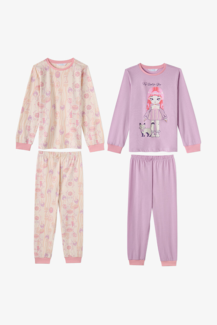 Kız Çocuk Lila Starlit Friends Pamuklu Uzun Kollu 2'li Pijama Takımı - 1