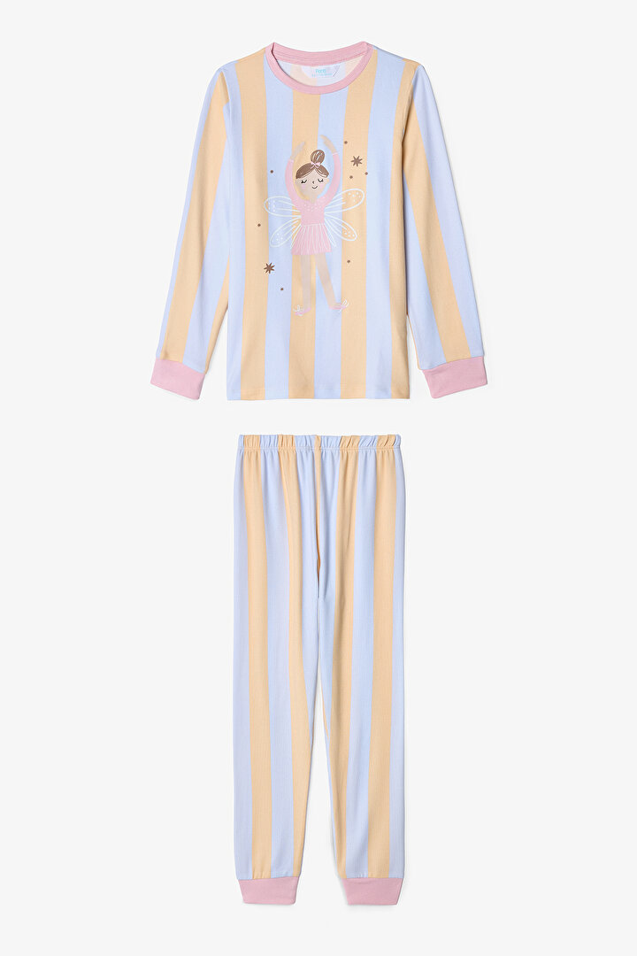 Açık Mavi Kız Çocuk Ballet Çizgili Uzun Kollu Pijama Takımı - 1