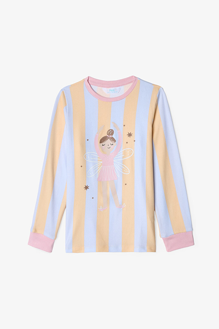 Açık Mavi Kız Çocuk Ballet Çizgili Uzun Kollu Pijama Takımı - 2