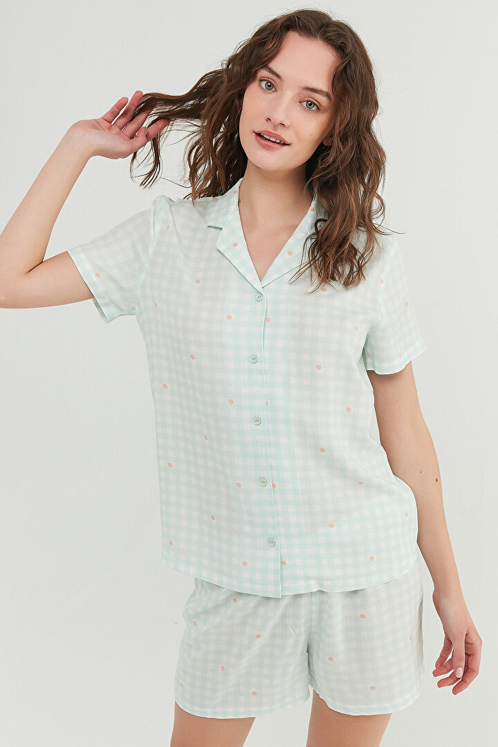 FLORAL GINGHAM SS GÖ, L, MN4 MINT YESILI