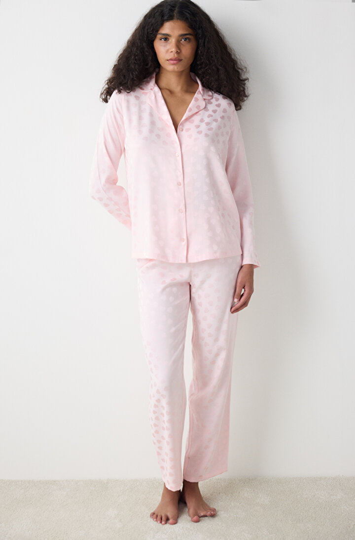 Pink Heart Satin Shirt Pant PJ Set - Penti Loves Paris Collection - 1