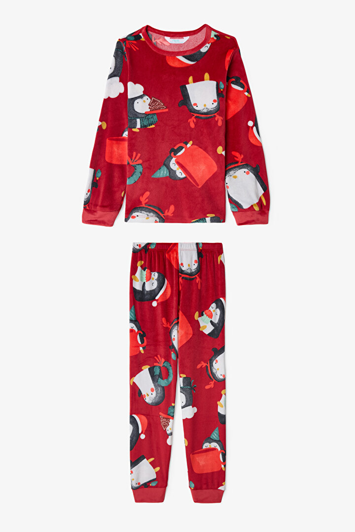 Red Girls Penguin Patterned Long Sleeve Pajama Set - 1