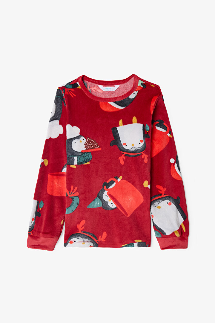 Red Girls Penguin Patterned Long Sleeve Pajama Set - 2