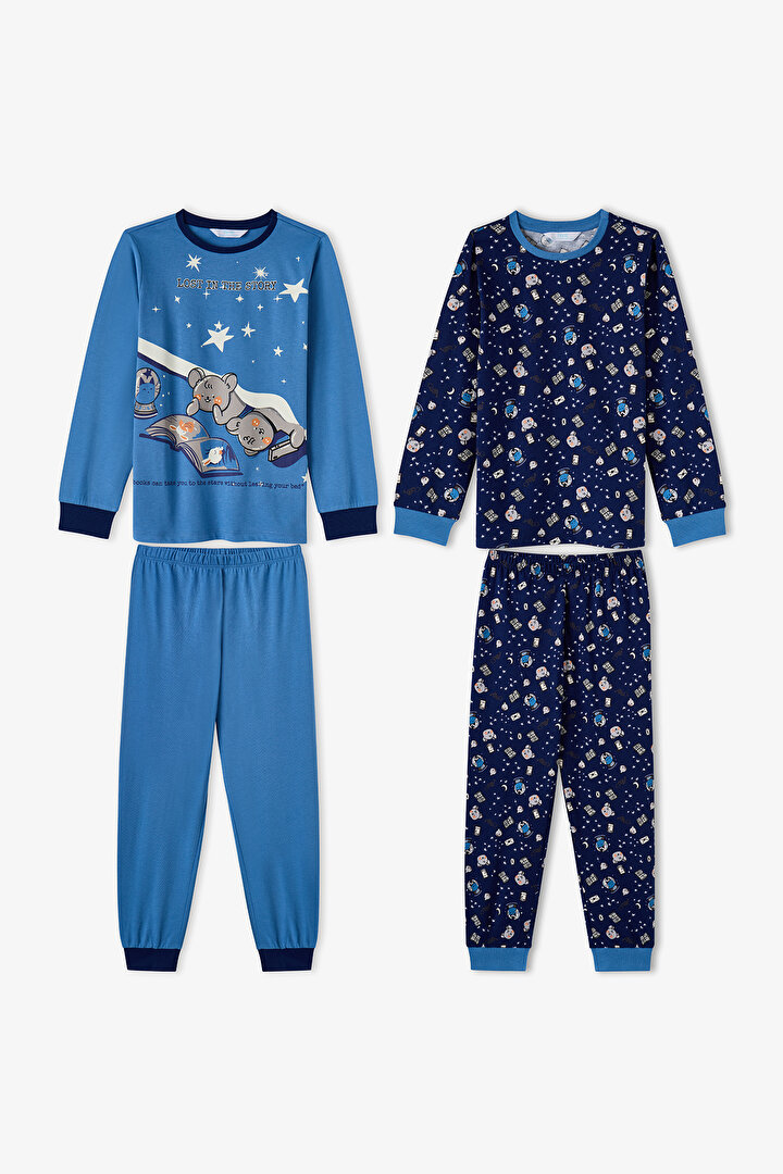 Erkek Çocuk Mavi Story Friends Pamuklu Uzun Kollu 2'li Pijama Takımı - 1
