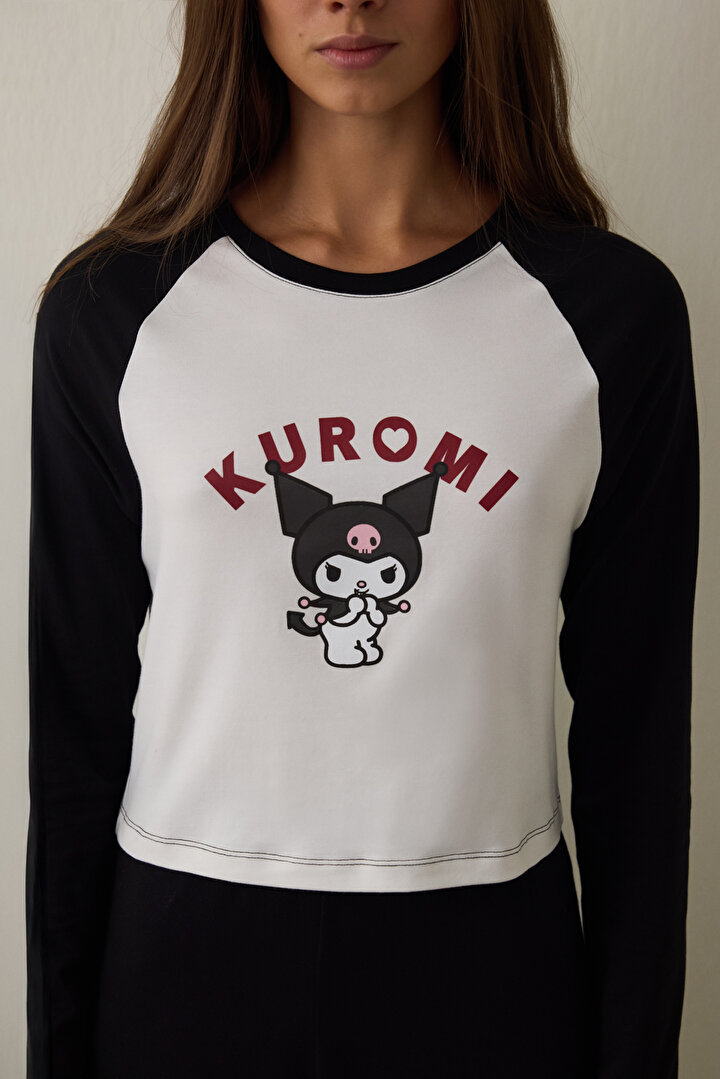 Kırık Beyaz Kuromi Baskılı Kayık Yaka Pamuklu Uzun Kollu Pijama Takımı - 2