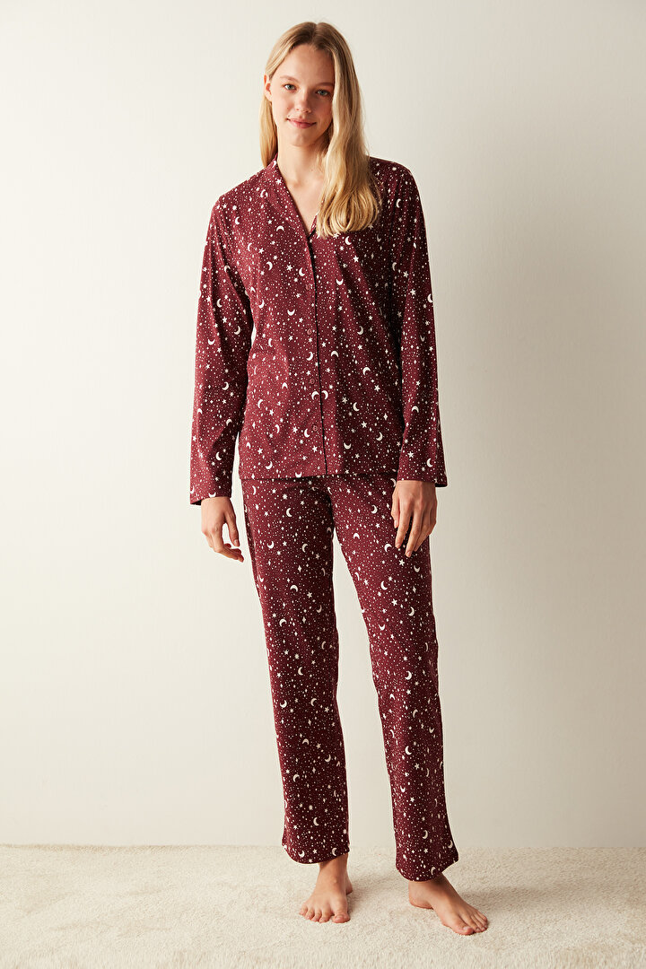 Gökyüzü Desenli Gömlek Pantolon Bordo Pijama Takımı - 1