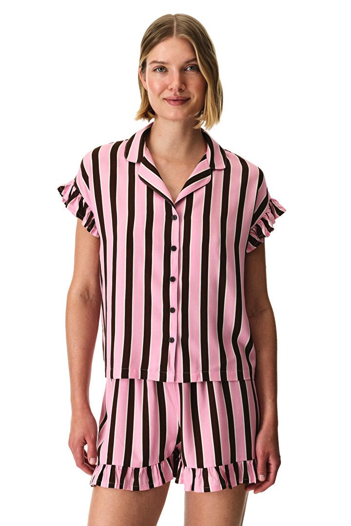 Brown Lily Striped Shirt & Shorts Pajama Set - 1