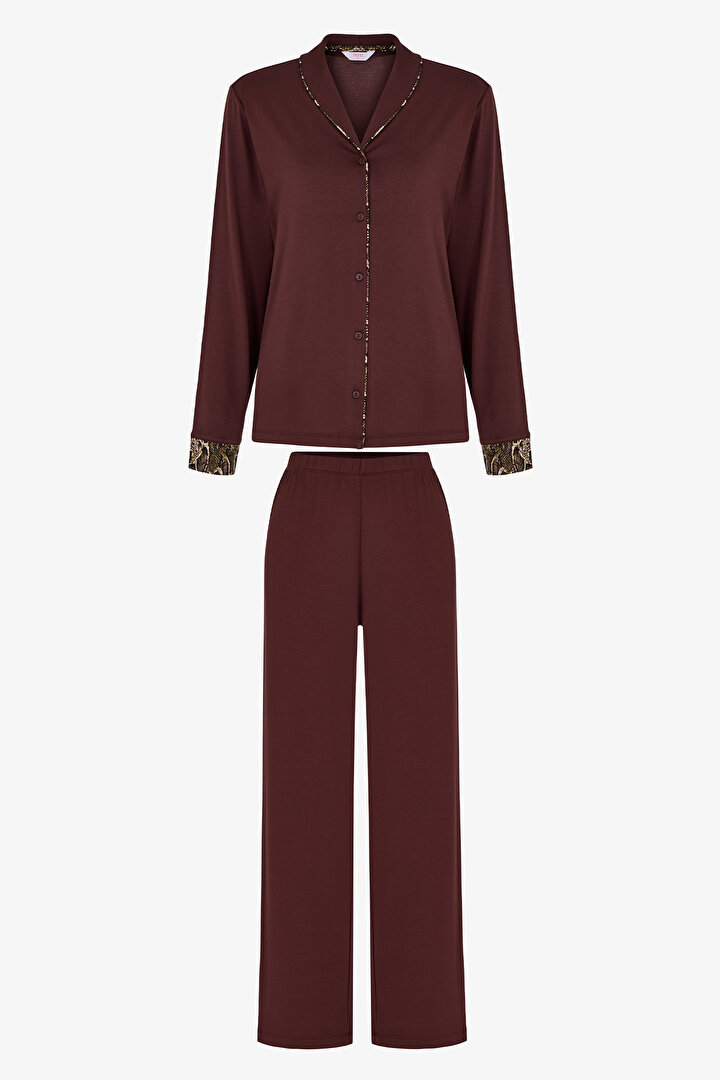 Kahverengi Margot Yılan Desenli Uzun Kollu Gömlek Pantolon Pijama Takımı - 1