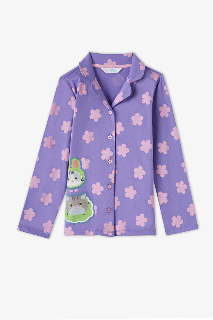 Kız Çocuk Lila Feel Better Kedi Desenli Pamuklu Düğmeli Uzun Kollu Gömlek Pantolon Pijama Takımı - 2