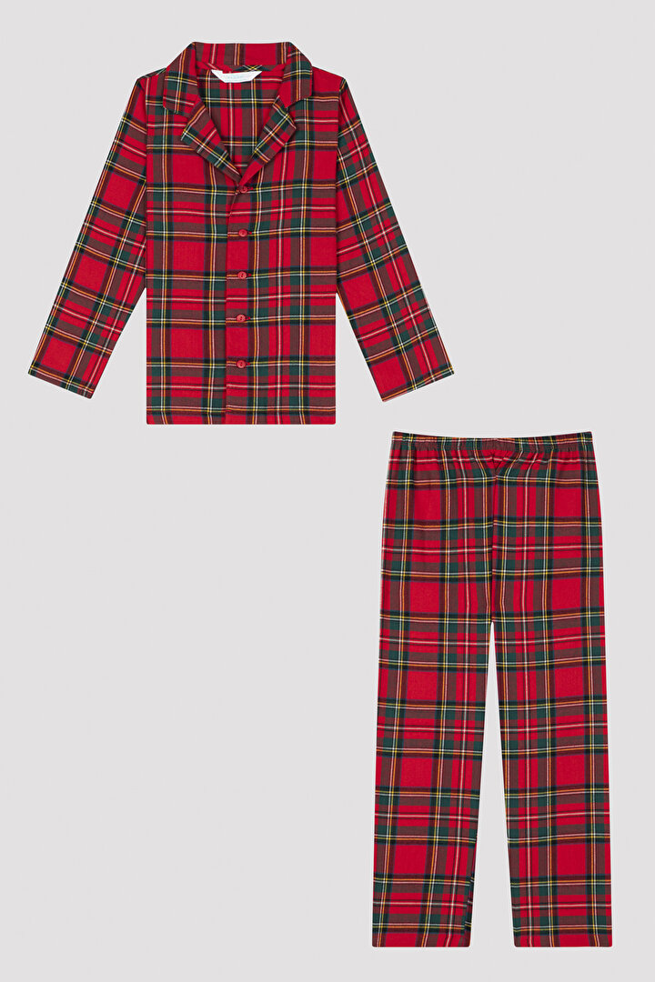 Kırmızı Unisex Çocuk Kareli Gömlek Pijama Takımı - 1