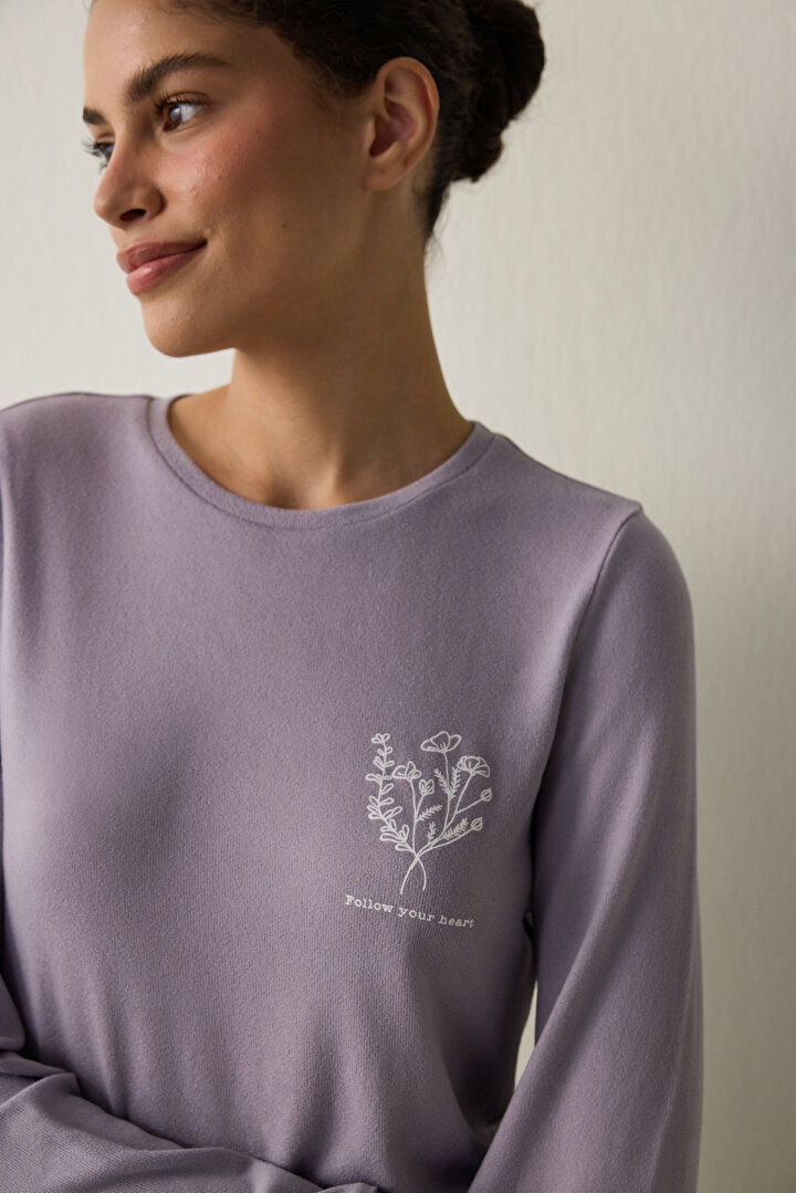 Lila Follow Your Heart Kayık Yaka Termal Etkili Pijama Takımı - 2