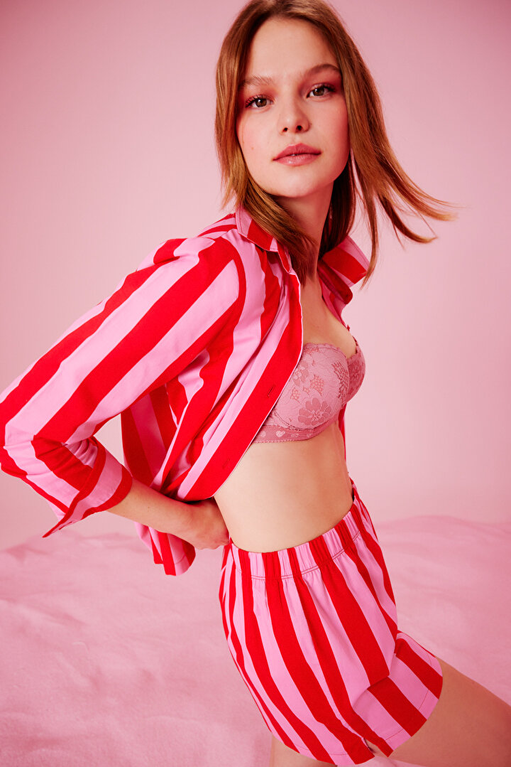 Elle Colored Stripe Kırmızı Gömlek Şort Pijama Takımı - 2