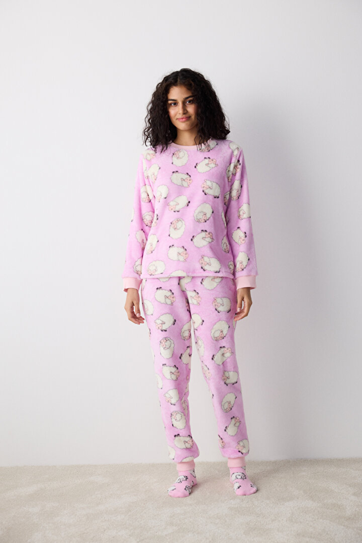 Cute Sheeps Lila Pantolon Pijama Takımı - 2