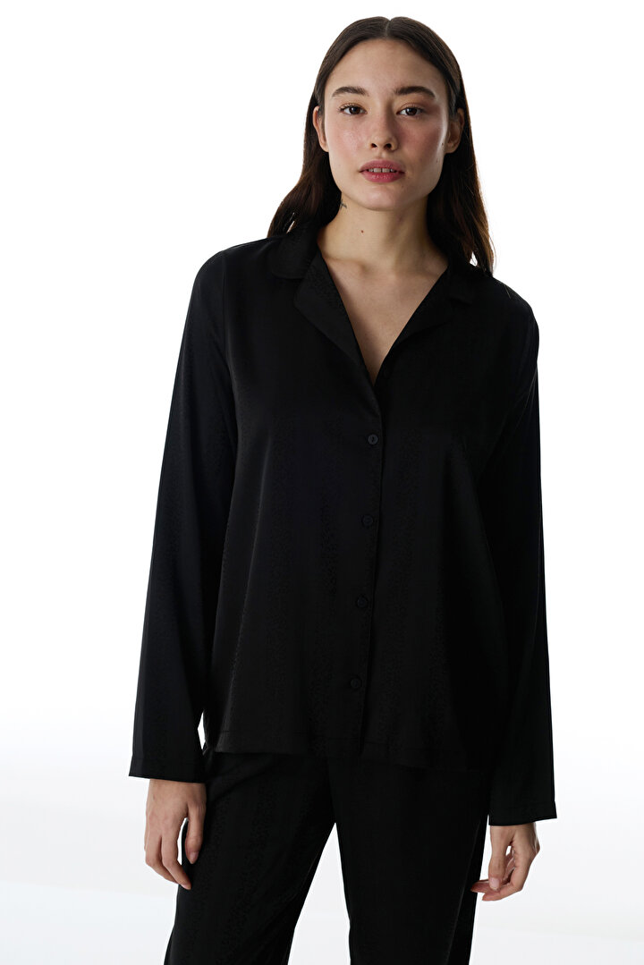 Black Lilah Satin Shirt & Pants Pajama Set - 2