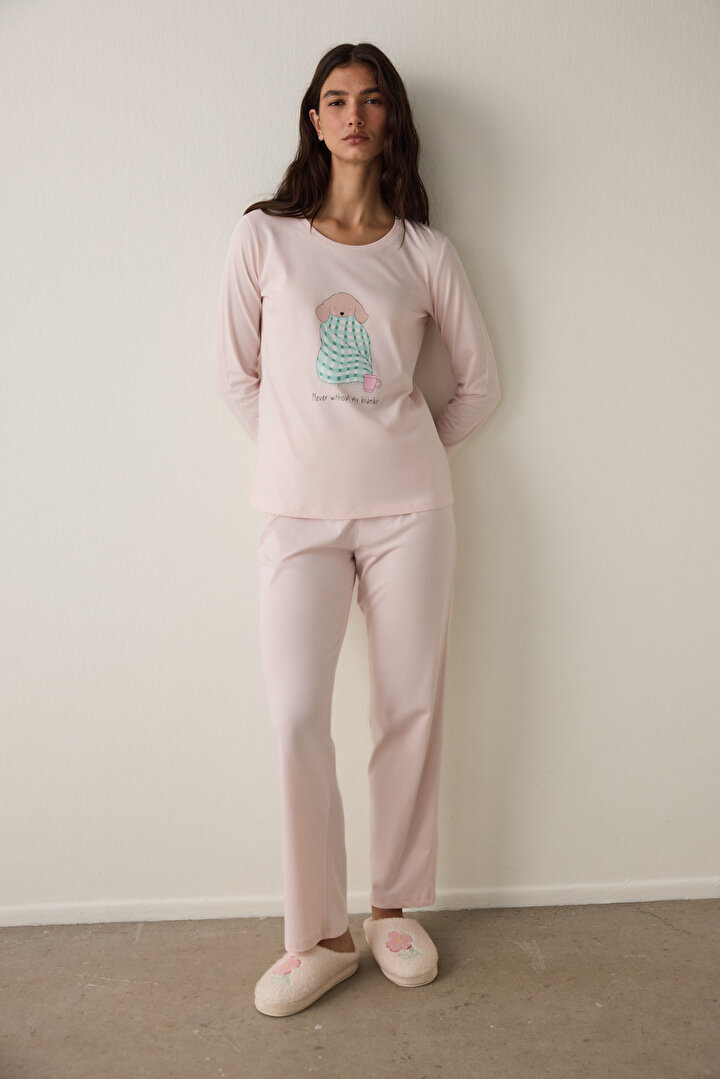 Lila Blanket Slogan Baskılı Bisiklet Yaka Uzun Kollu Pijama Takımı - 1