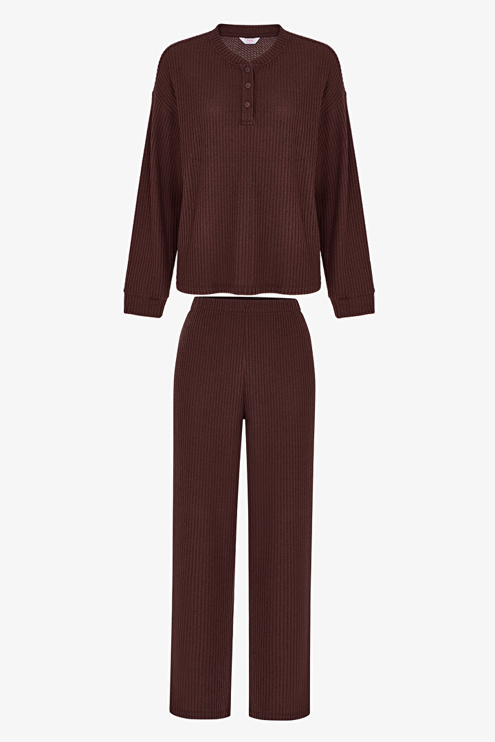 Kahverengi Coziness Waffle Pantolon Uzun Kollu Pijama Takımı - 1
