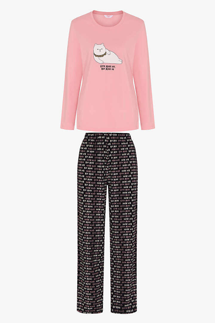 Pembe Nap Mode Çiçekli Uzun Kollu Pantolon Pijama Takımı - 1