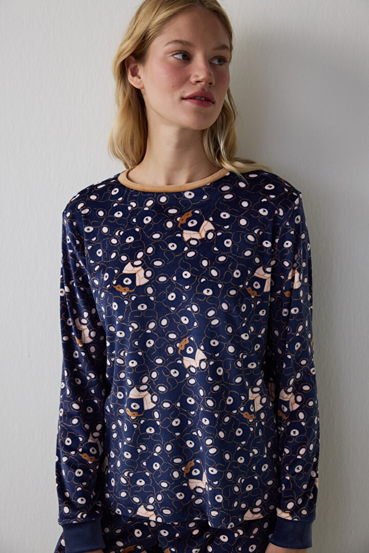 Navy Blue Bear Patterned Sweatshirt Pajama Top - 1