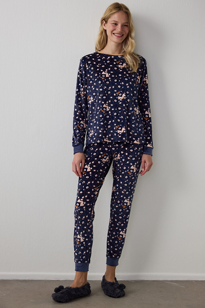 Navy Blue Bear Patterned Sweatshirt Pajama Top - 2