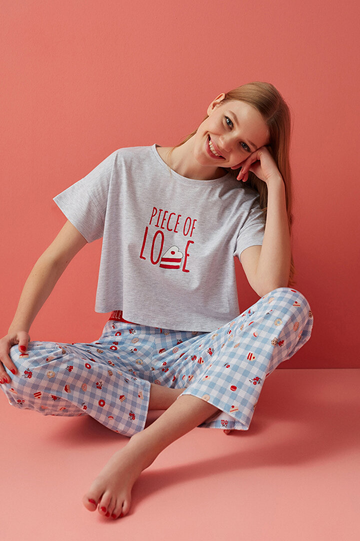 Açık Gri Melanj Piece of Love Tişört Pijama Üstü - 1