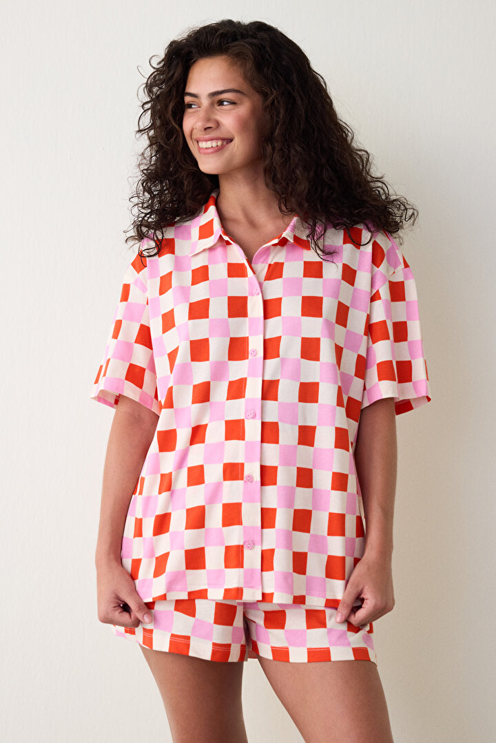 Plaid Shirt Collar Short Sleeve Buttoned Shorts Pajama Set - 1