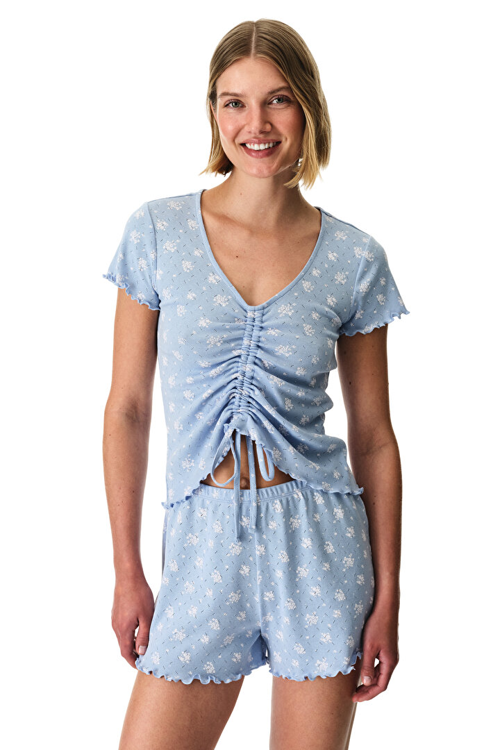 Mavi Coralie Pointel Pamuklu Şortlu Pijama Takımı - 1