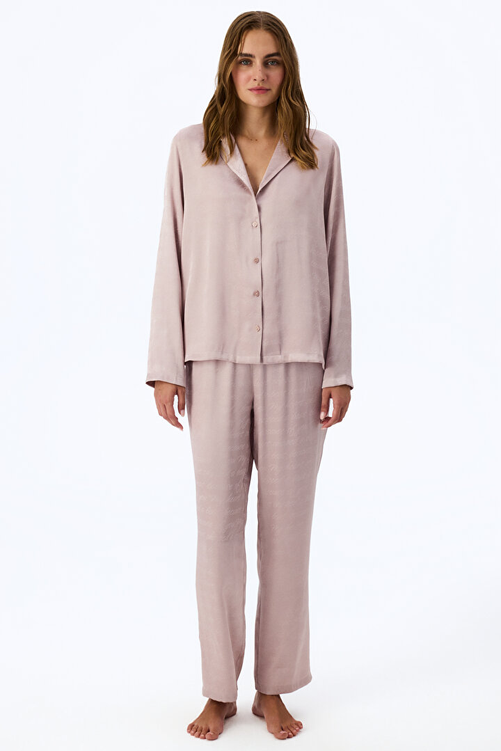 Pastel Pink Romantic Satin Slogan Print Long Sleeve Shirt & Trouser Pyjama Set - 1