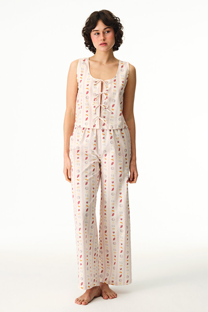 Renkli Morning Time Desenli Pamuklu Pantolon Pijama Takımı - 1