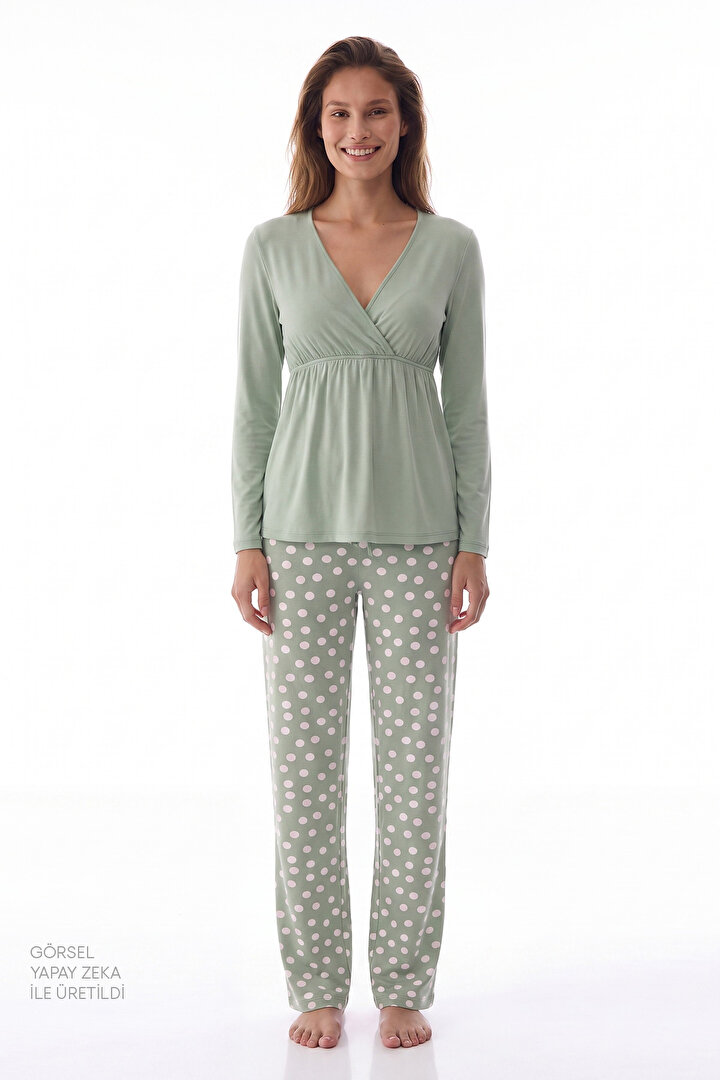 Yeşil Mama Puantiye Desenli Uzun Kollu Pantolon Pijama Takımı - 1