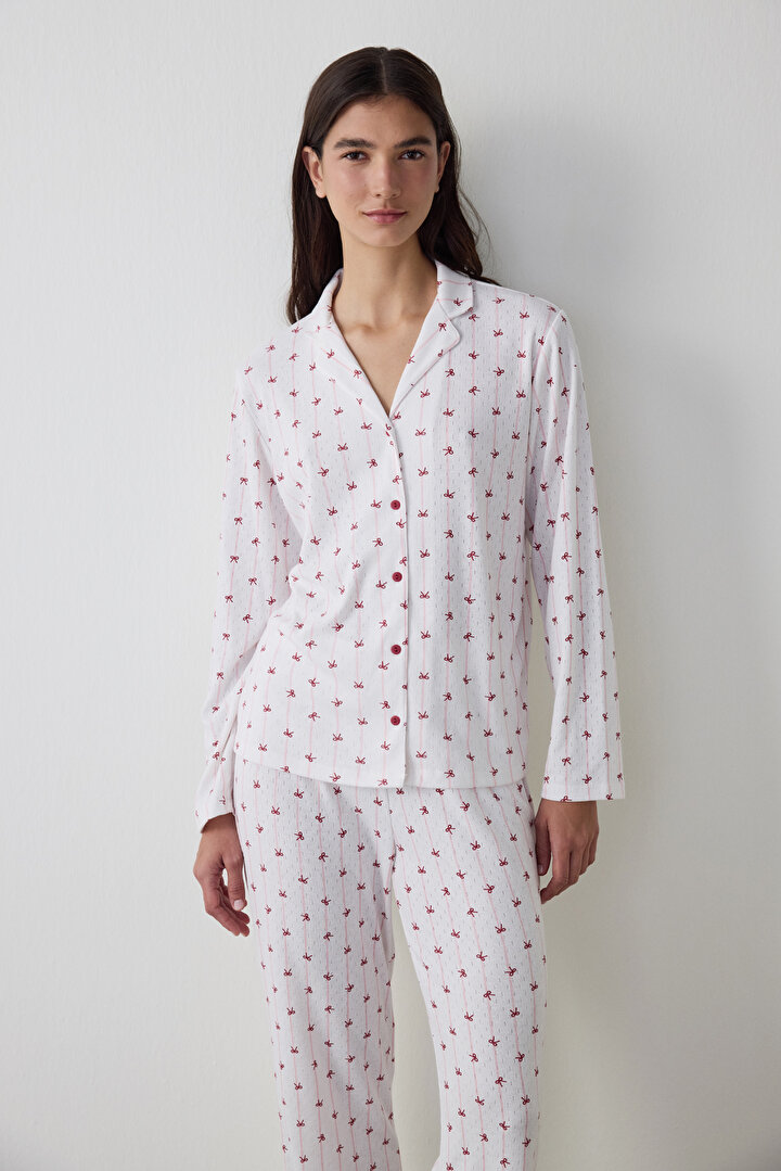 Kırık Beyaz Fiyonk Desenli Gömlek Yakalı Uzun Kollu Pijama Takımı - 2