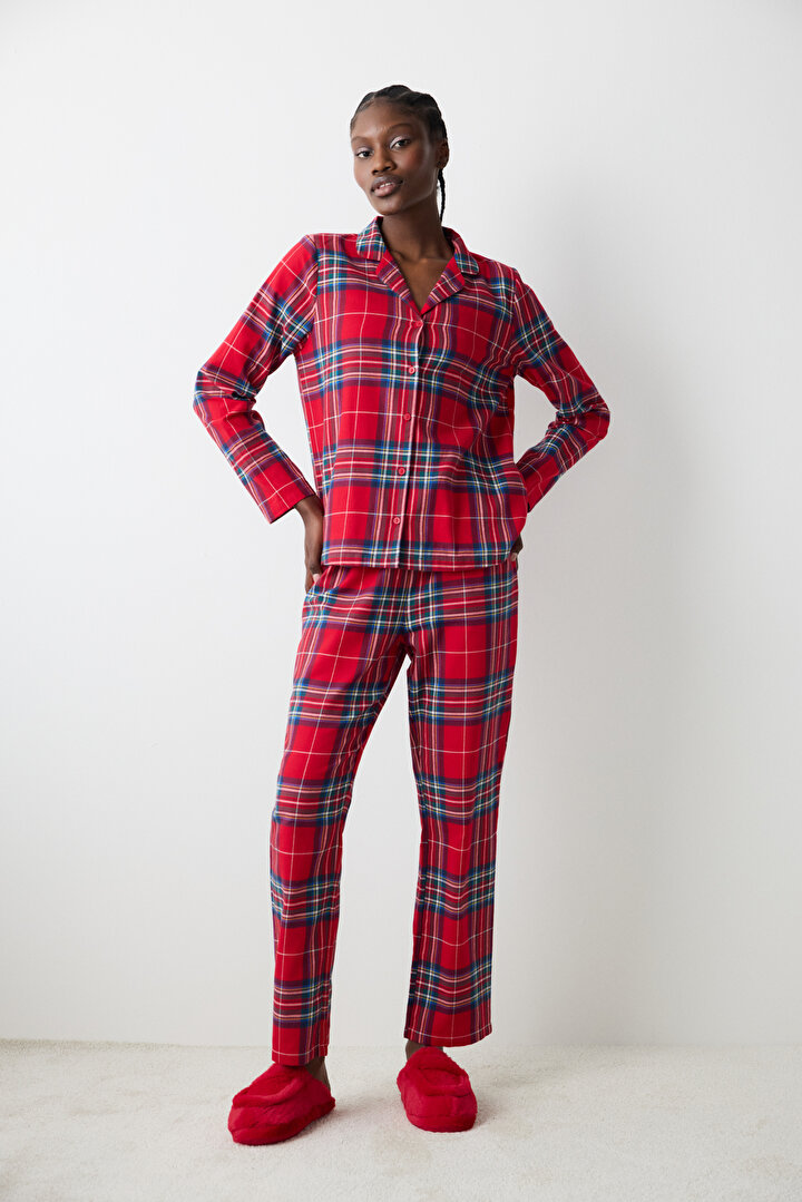 New York Red Checked Red Shirt Pant PJ Set - 1