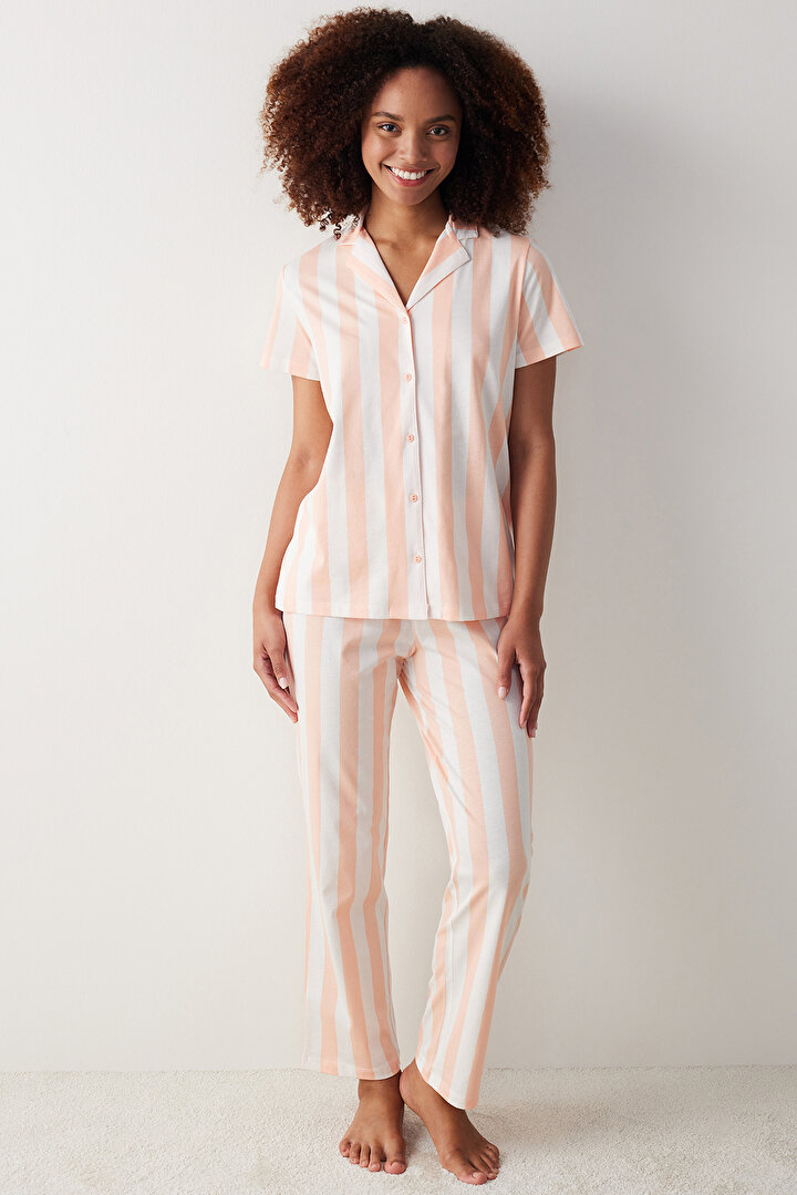 Ent Peach Striped Shirt Pant PJ Set - 1